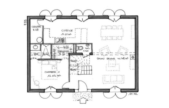 Plan-Maison-classique-Bastide-Arcachonnaise-rdc-cuisine-ouverte-146m2