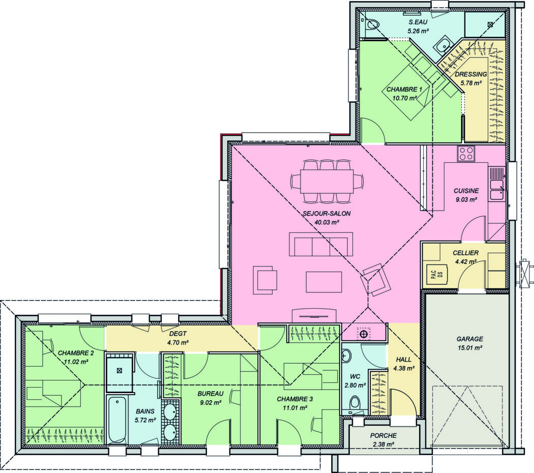 plan de maison contemporaine en L