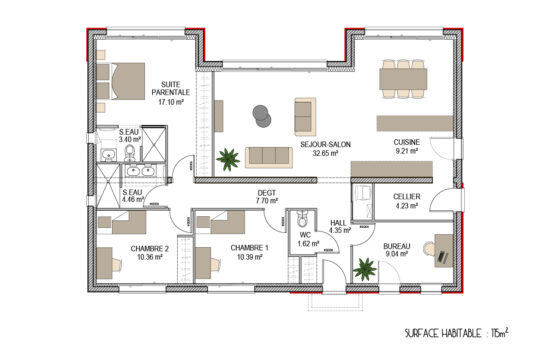 plan maison toit terrasse de 115m