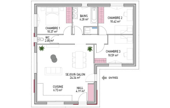 Plan de maison contemporaine en L